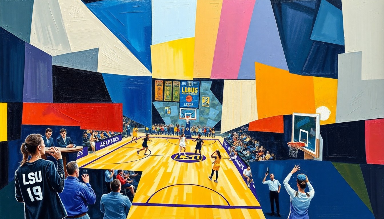 A cubist, geometric painting depicting a fragmented women's basketball game, with sharp, overlapping planes of the team's official colors representing the program's roster changes.