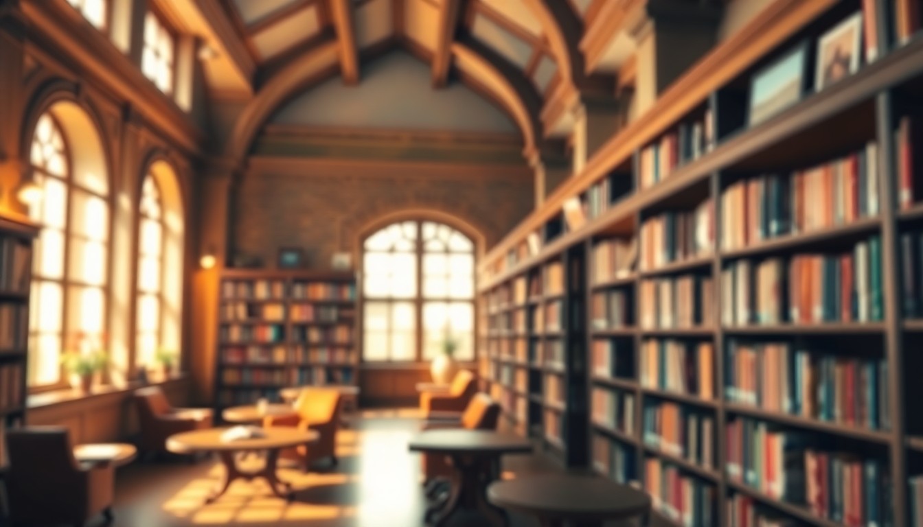 A hazy, dreamlike photograph in muted shades of brown, orange, and green, depicting the interior of a cozy library with blurred bookshelves, reading chairs, and soft natural light, conveying a sense of warmth, comfort, and community.