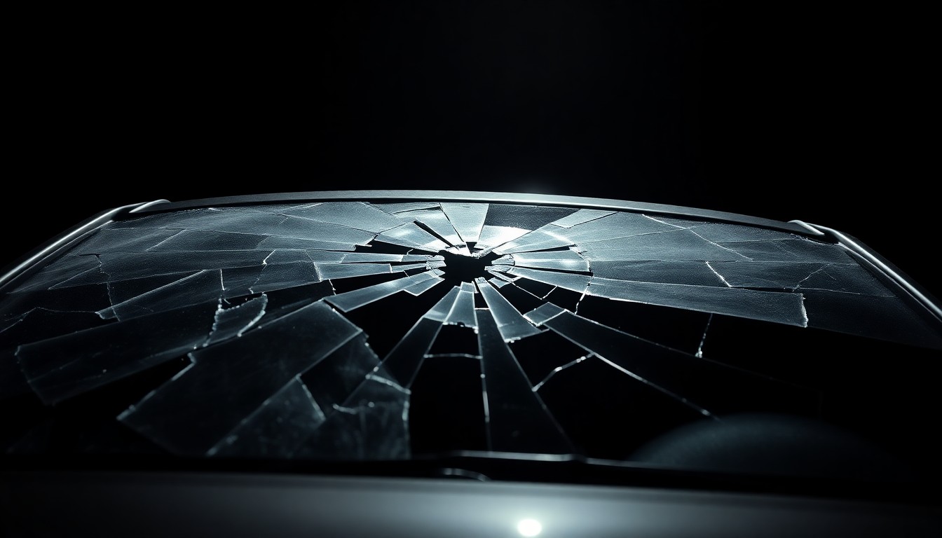 An extreme close-up photograph of a cracked and shattered car windshield, conceptually representing the devastation of a serious highway collision.
