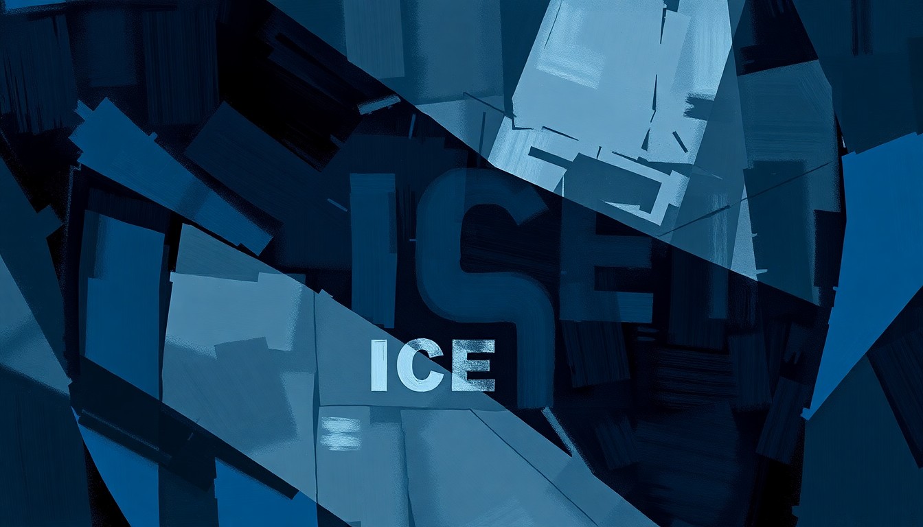 A conceptual illustration featuring overlapping, fragmented geometric shapes in shades of blue, grey, and black, representing the complex and shifting nature of Swalwell's record on ICE and immigration enforcement.