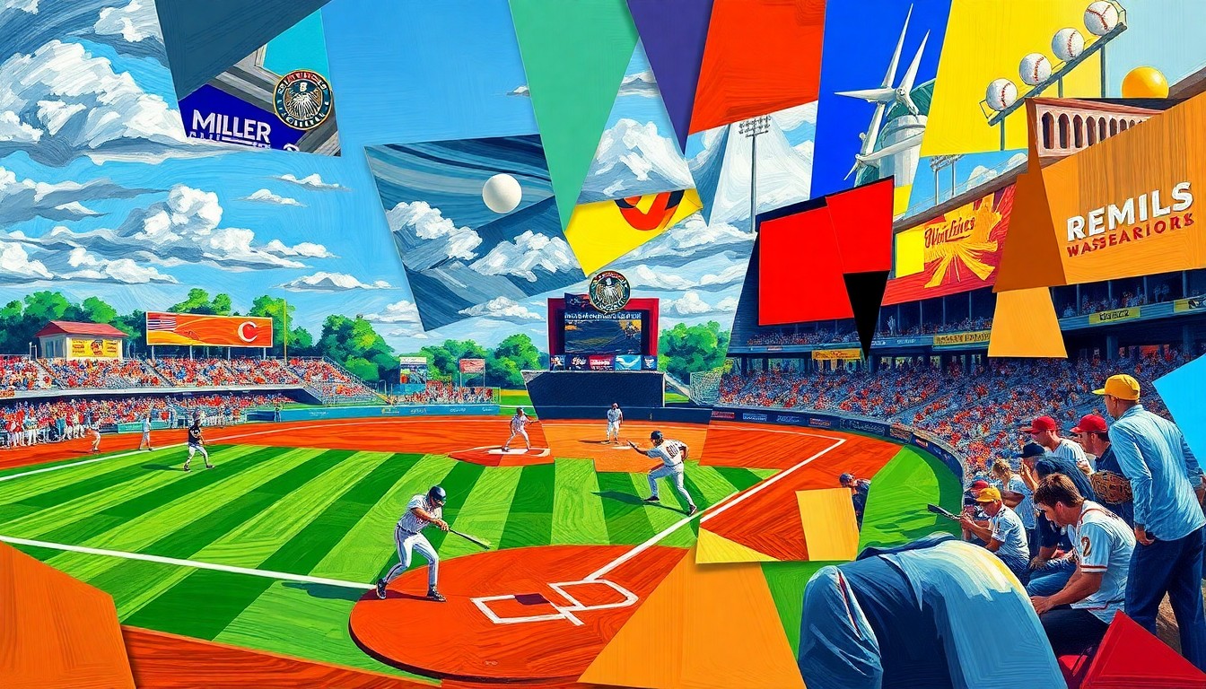 A cubist, geometric painting depicting a baseball game broken down into overlapping planes of bright colors representing the two teams in action.