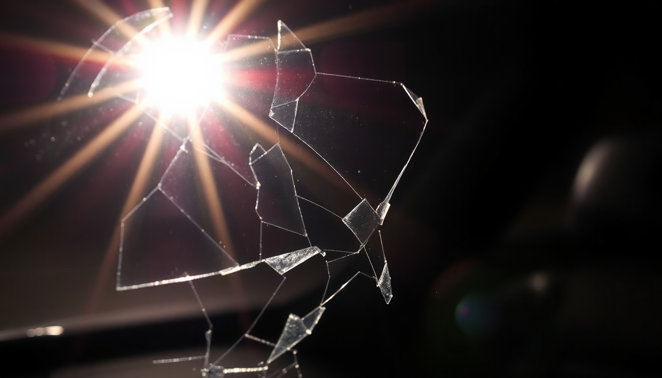 An extreme close-up photograph of a shattered car window reflecting the harsh glare of a camera flash, conceptually illustrating the property damage and public safety concerns caused by the disruptive gatherings in downtown Detroit.