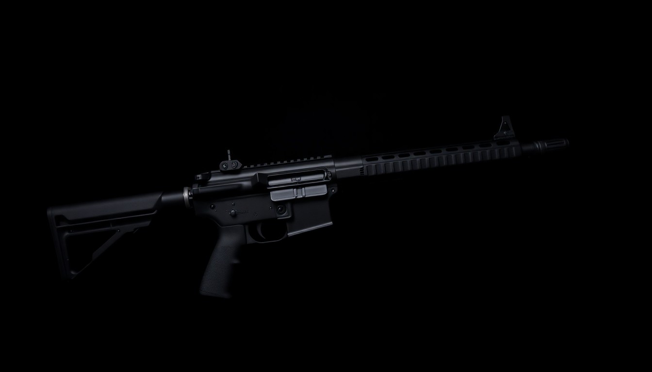 An extreme close-up photograph of a black airsoft gun or pellet rifle against a pitch-black background, lit by a harsh, direct camera flash, conceptually representing the investigation into a suspicious weapon sighting on a college campus.