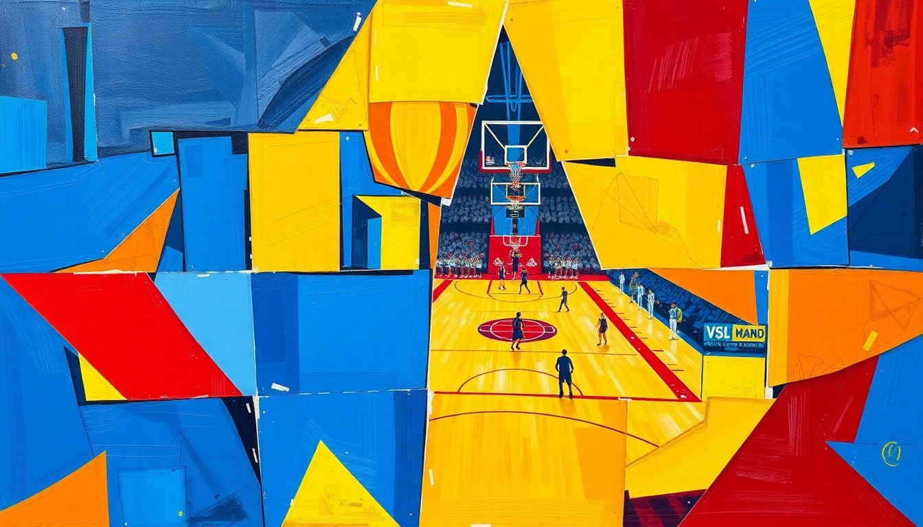 A cubist-style painting featuring fragmented geometric shapes in shades of blue, yellow, and red, conceptually representing the dynamic and multifaceted nature of a women's basketball game as the UCF Knights seek to rebuild their roster through the transfer portal.