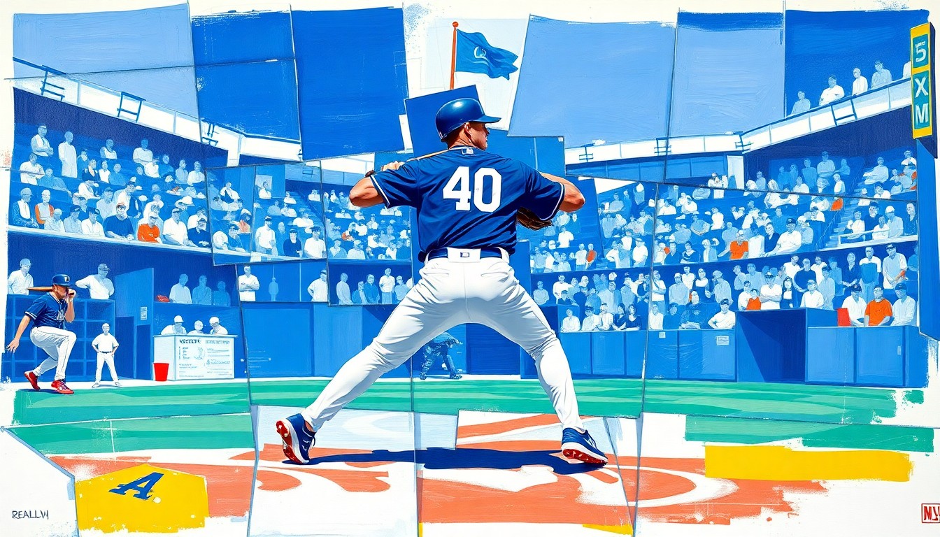 A fragmented, geometric painting depicting a baseball player performing defensive drills, with sharp planes of Dodger blue, white, red, and yellow hues.
