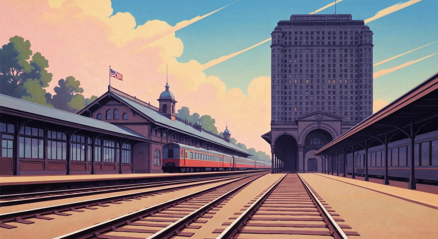 A bold, geometric illustration in the Art Deco style, depicting the towering, streamlined form of the Lewistown train station against a backdrop of smooth, airbrushed gradients in shades of blue and orange, capturing the grand scale and romance of rail travel.