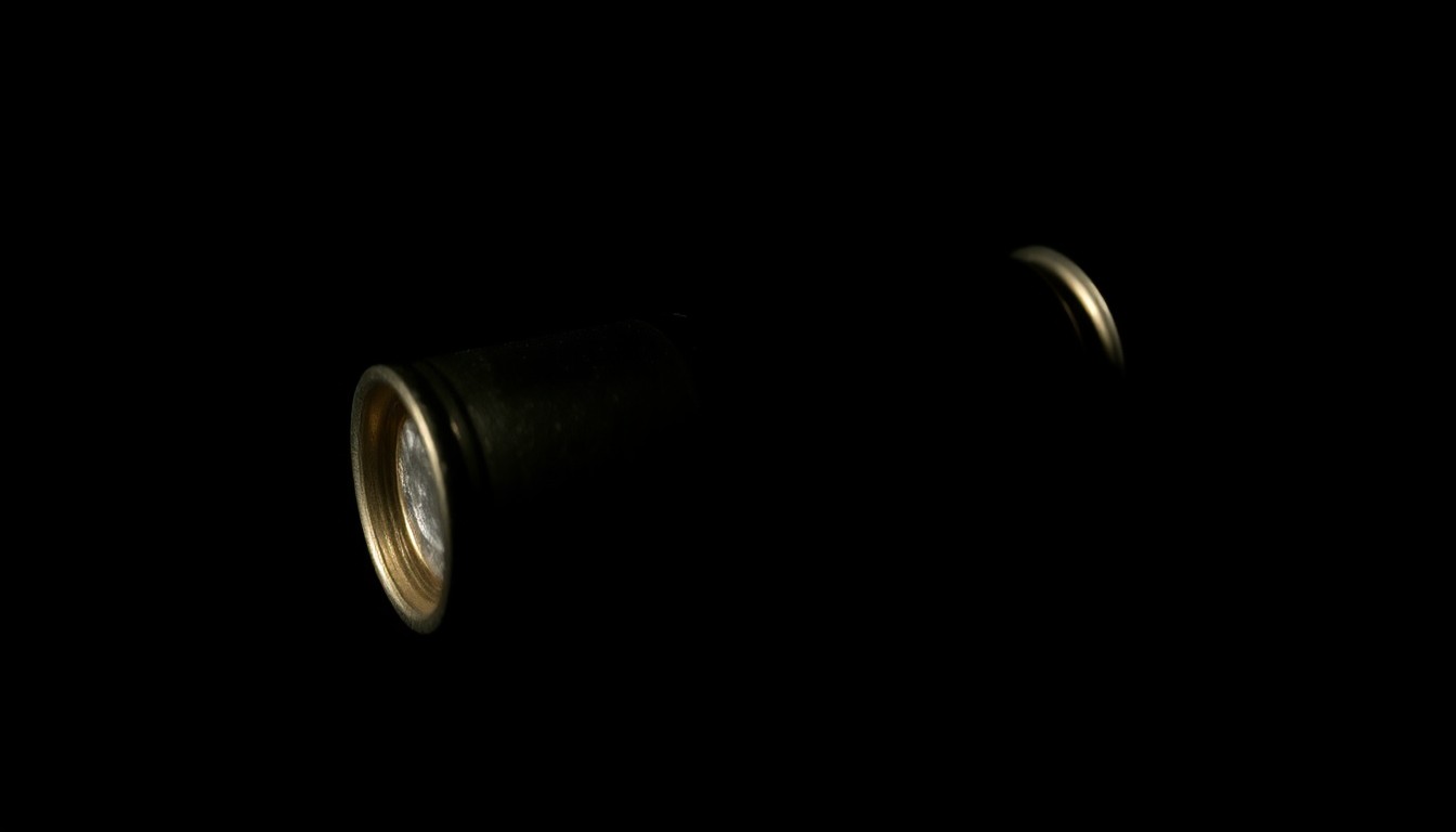 An extreme close-up of a spent shotgun shell casing reflecting a bright flash of light, conceptually illustrating the physical evidence of a violent crime.