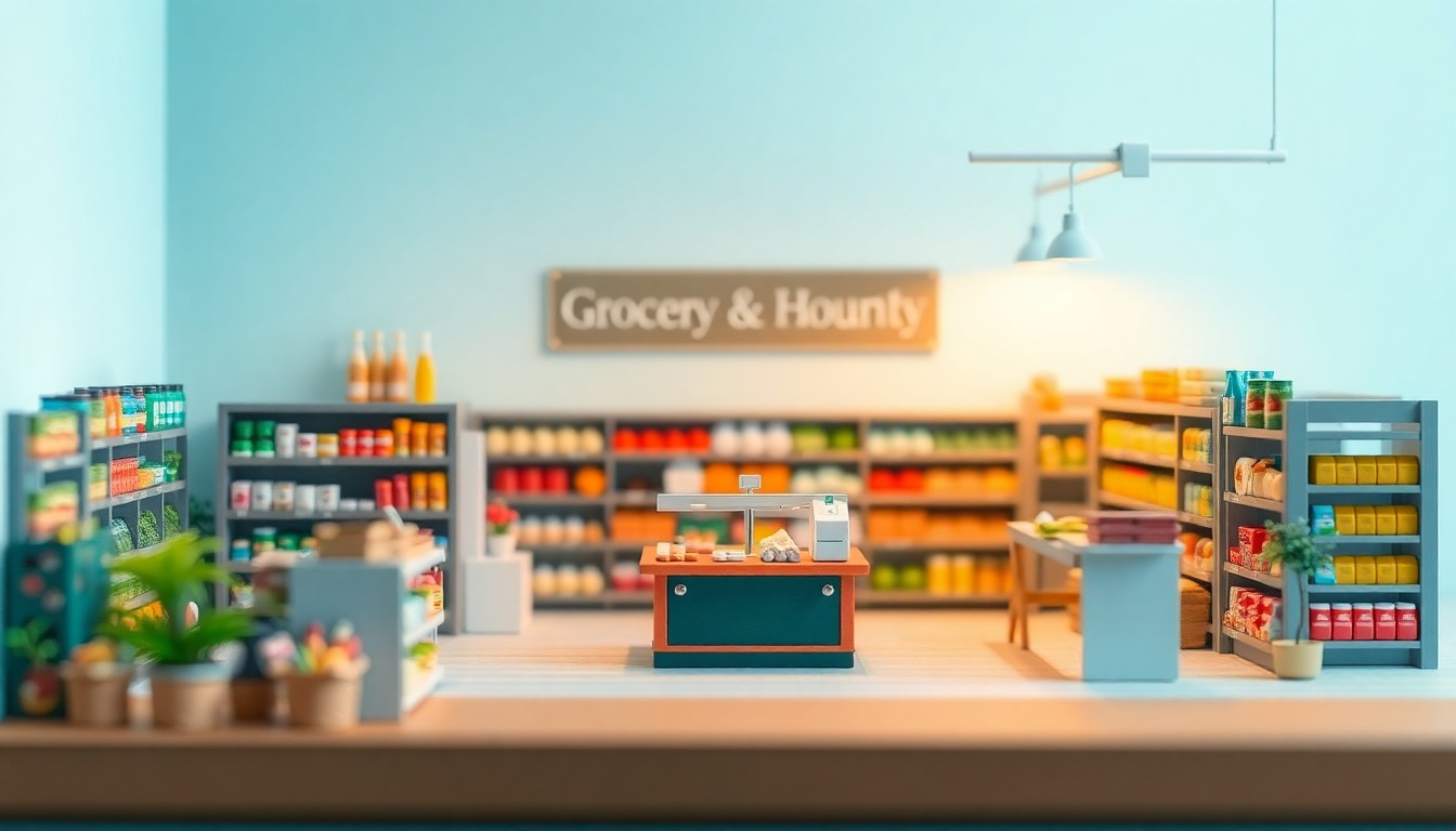 A stylized 3D illustration of the interior of a modern, well-stocked grocery store, with colorful shelves of food products and a central checkout counter, set against a pastel blue background and bathed in warm, soft lighting, conveying a sense of community, nourishment, and local pride.