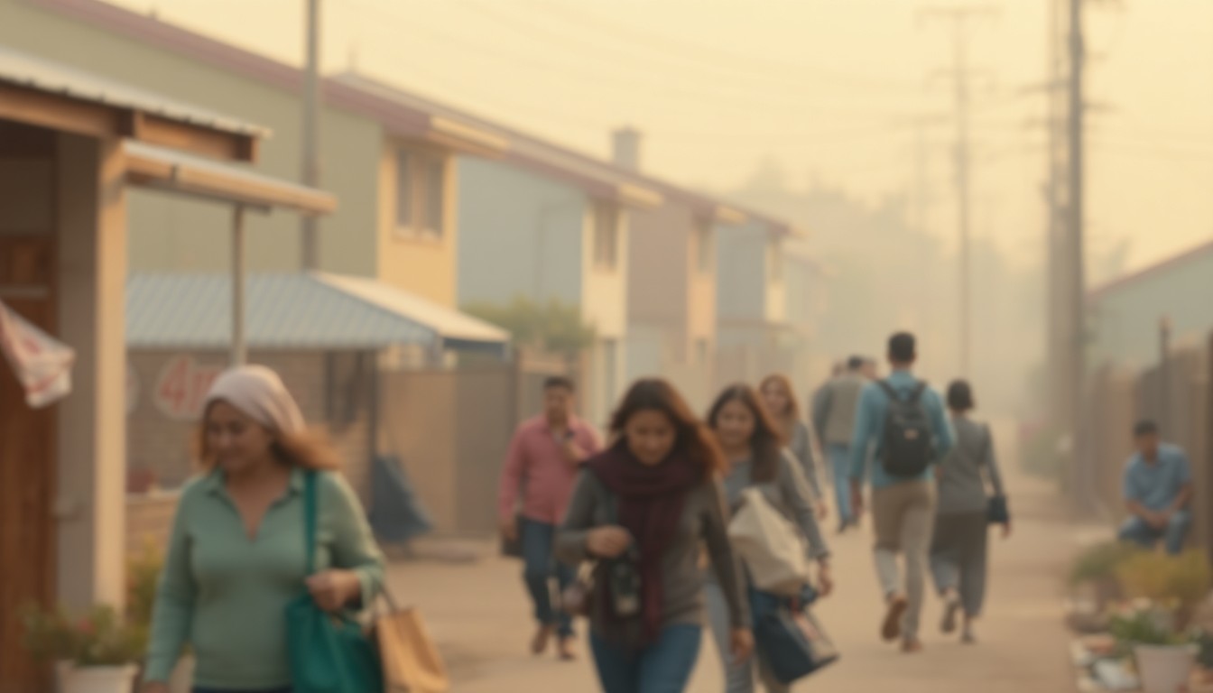 An abstract, impressionistic photograph in soft focus, with blurred figures and buildings in a neighborhood setting, conveying a sense of community and change.