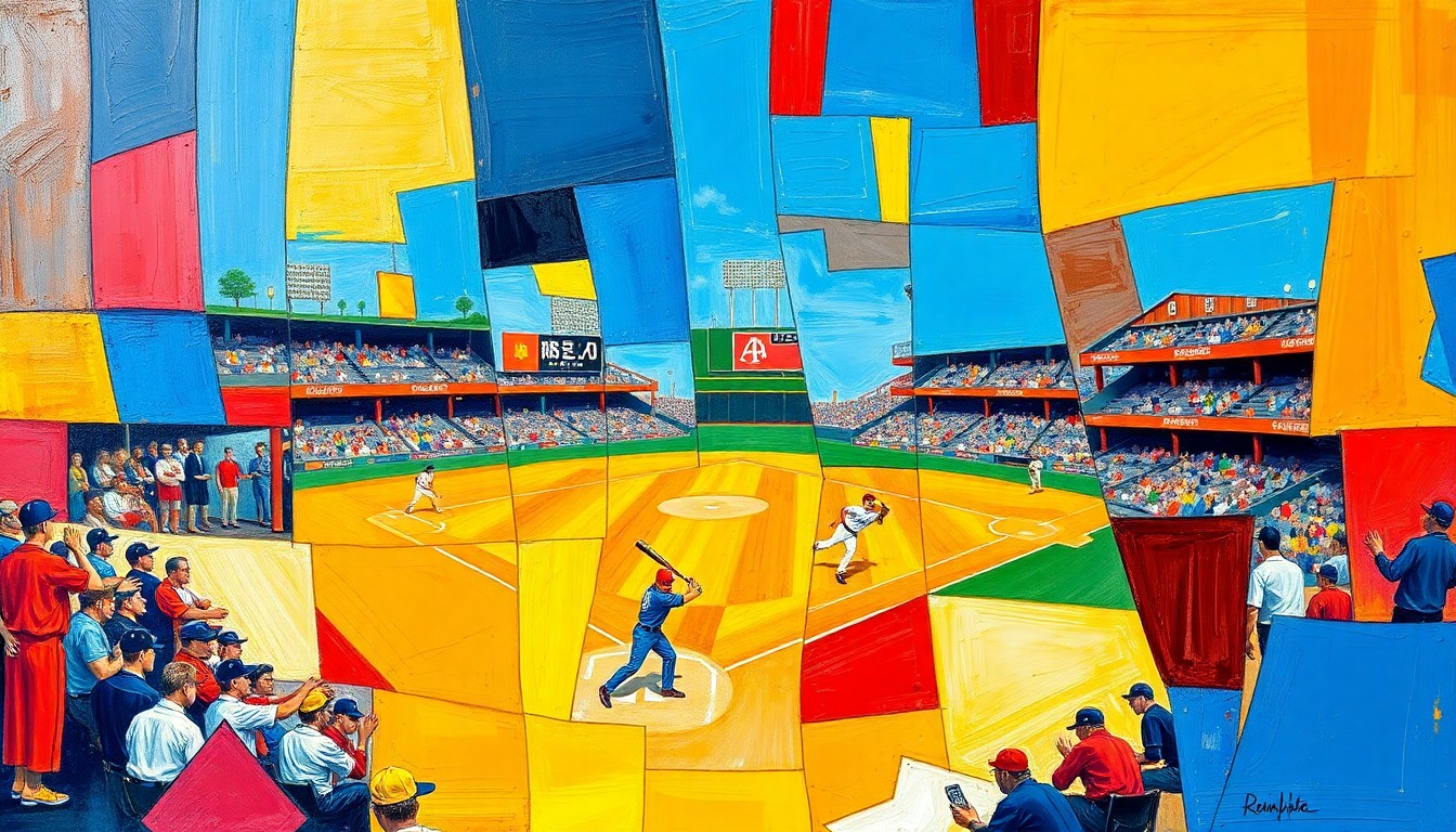 A fractured, geometric painting in vibrant colors depicting a baseball game or action, with sharp, overlapping planes representing the various players and movements on the field.