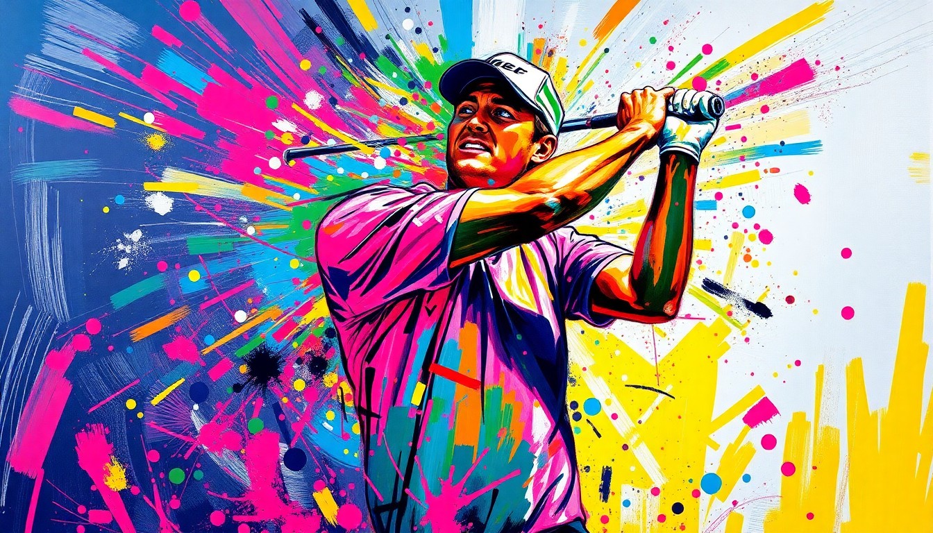 An abstract, energetic painting in neon colors depicting the dynamic motion of a golfer's swing, with the player's form dissolving into expressive brushstrokes.