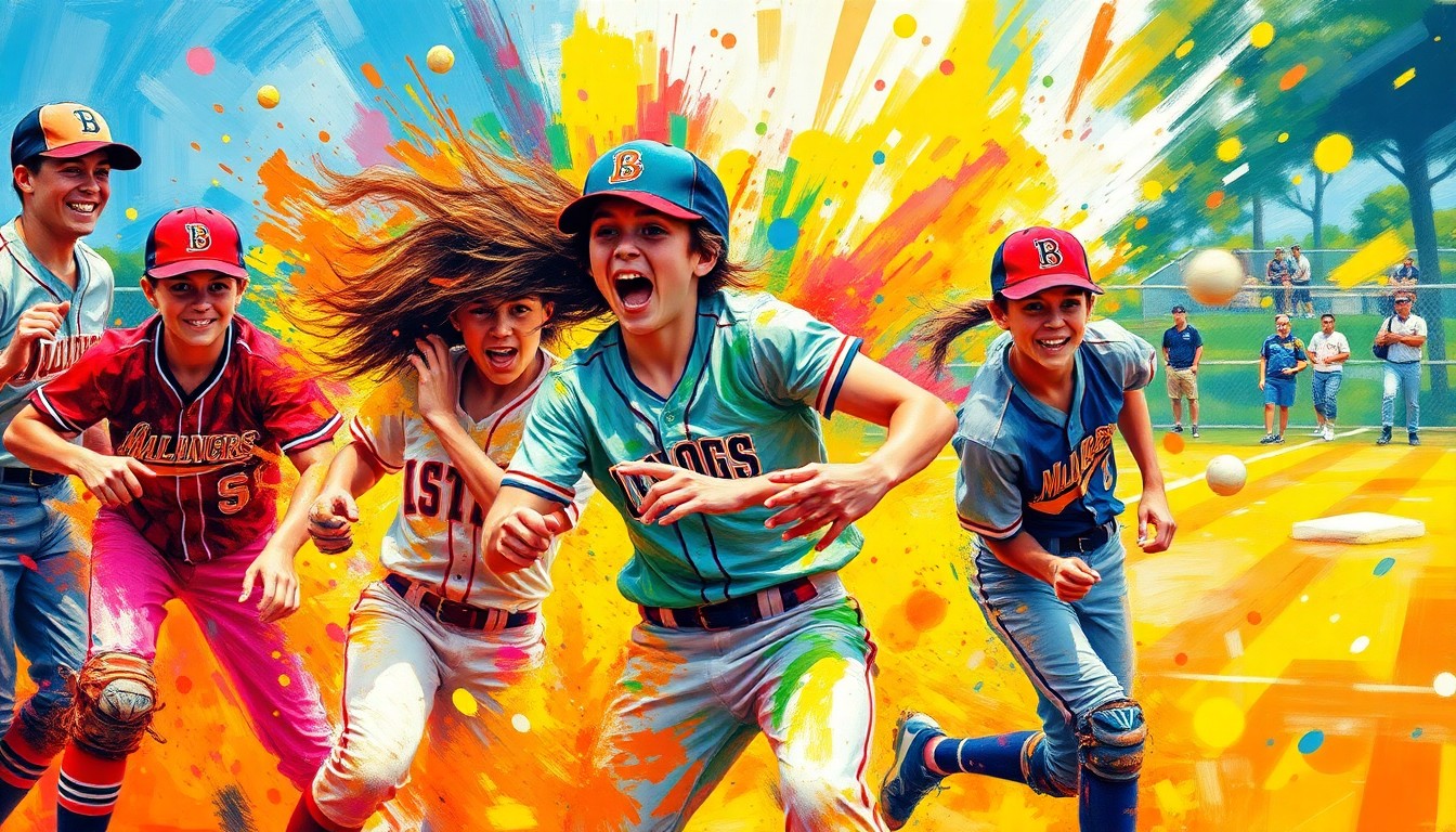 An abstract, expressionist painting in vibrant neon colors depicting the dynamic motion and energy of a high school softball game, with players' forms dissolving into colorful brushstrokes.