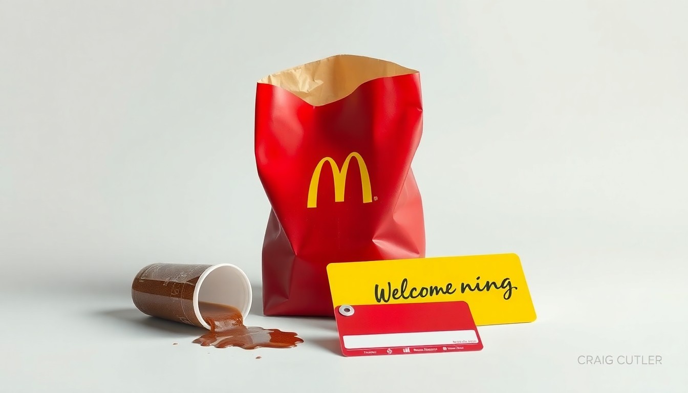 A photorealistic studio still-life featuring a crumpled McDonald's paper bag, a spilled soft drink, and a broken employee name tag on a clean, monochromatic background, symbolizing the breakdown of a welcoming workplace culture.