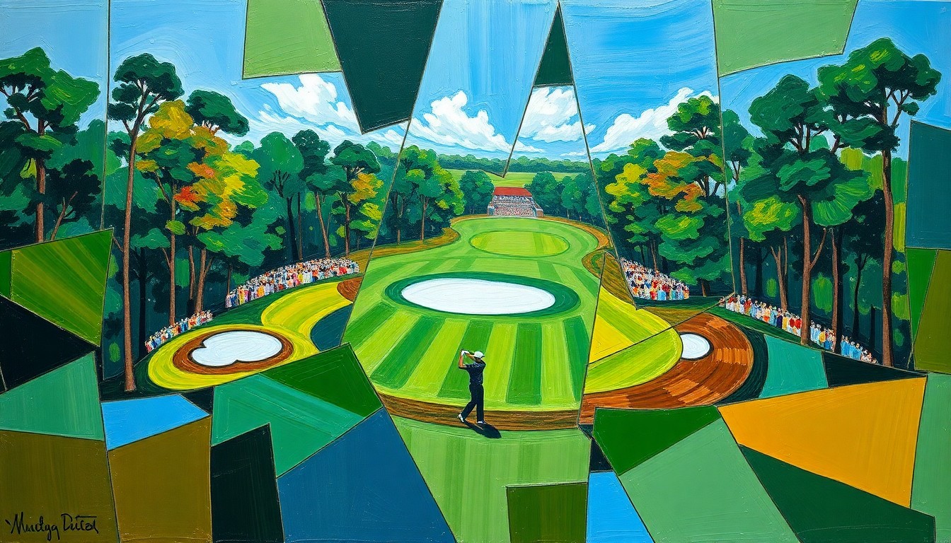 A cubist, geometric painting depicting a fractured, multi-perspective view of a golf tournament or match at Augusta National, with sharp, overlapping planes of vibrant greens, browns, and blues.