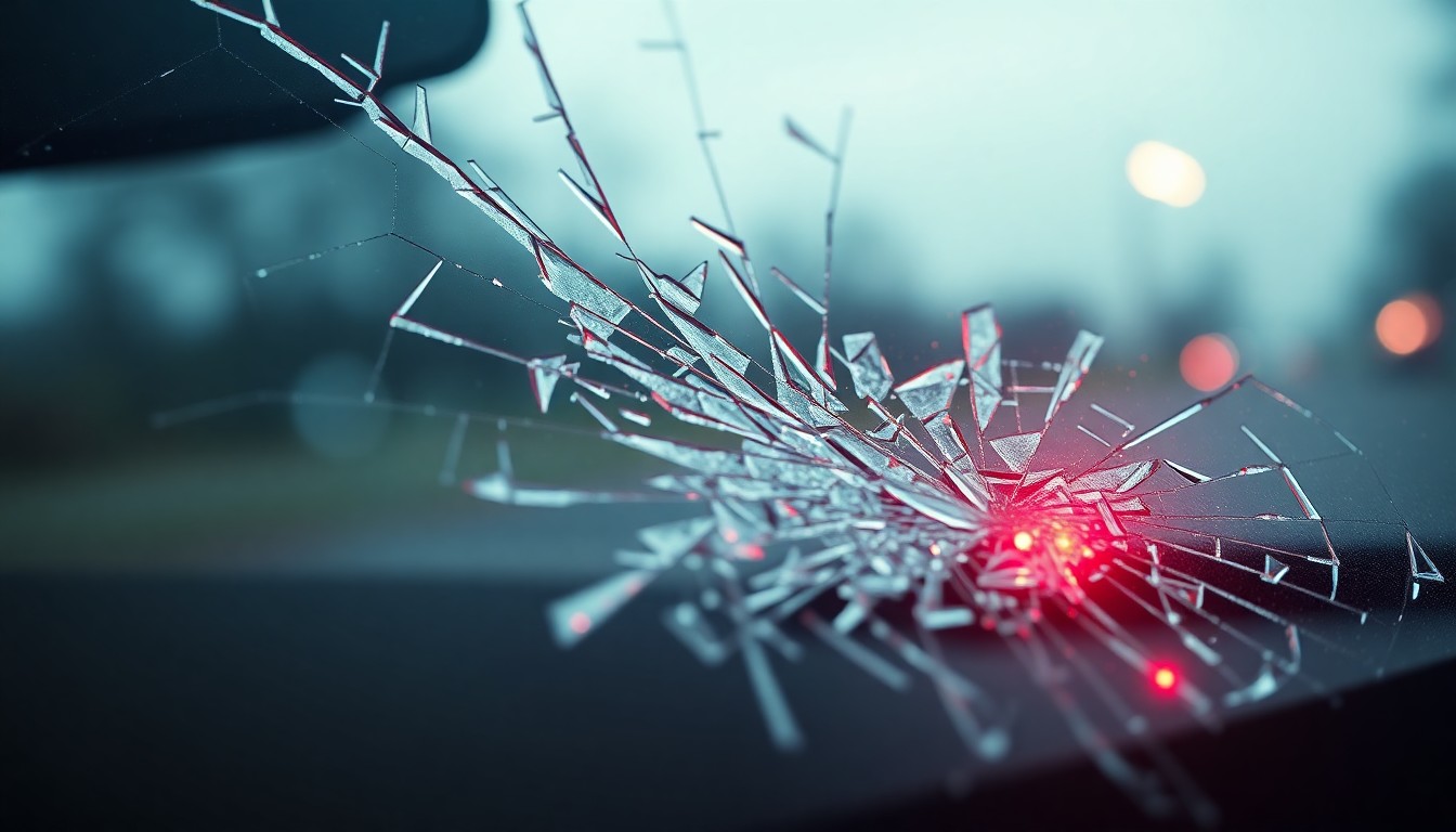 An extreme close-up of a shattered car windshield, the glass reflecting a faint red light, conceptually representing the violence of a hammer attack.