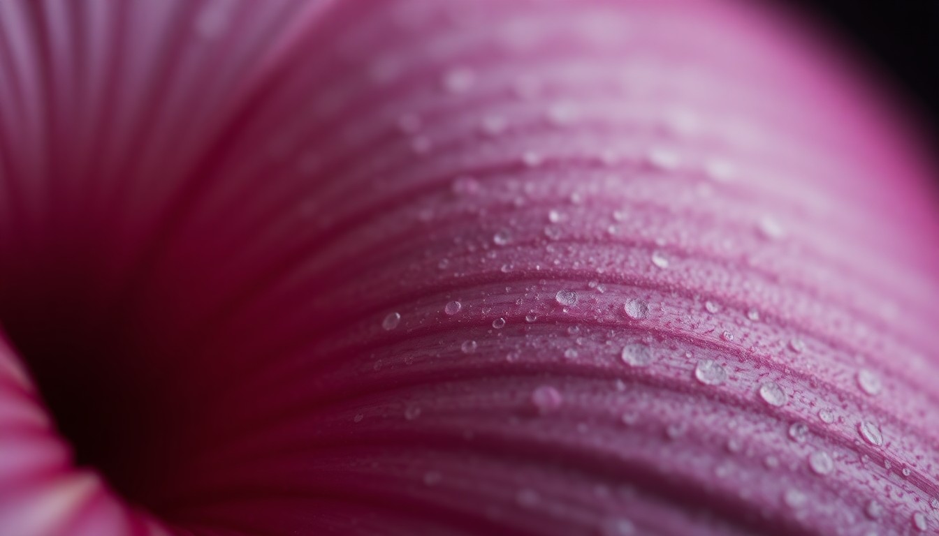 An extreme close-up photograph of a single flower petal from the Sri Sri Radha Krishna Temple's gardens, capturing the intricate textures and subtle colors in a dramatic, intimate style.
