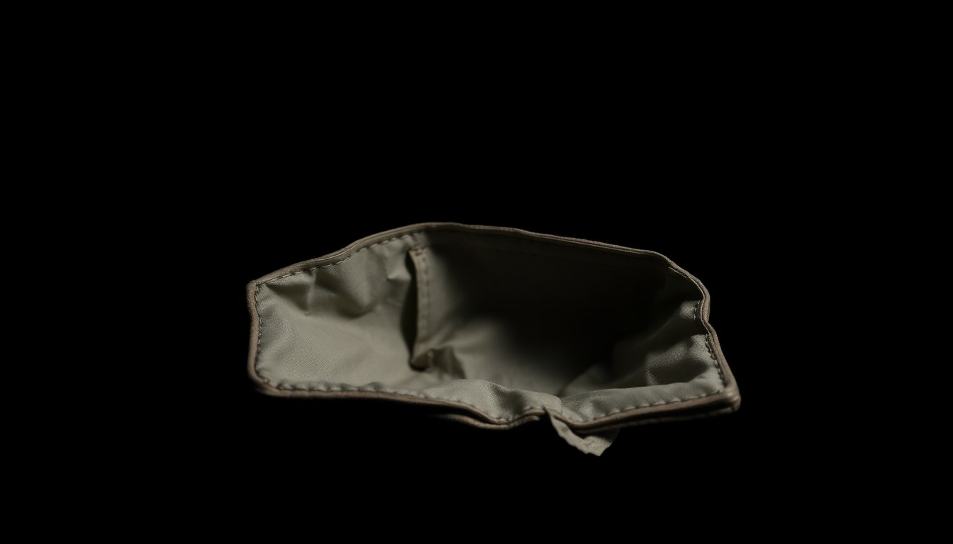 An extreme close-up photograph of a crumpled, empty wallet against a pitch-black background, lit by a harsh, direct camera flash, conceptually representing the devastating financial impact of a senior fraud scheme.