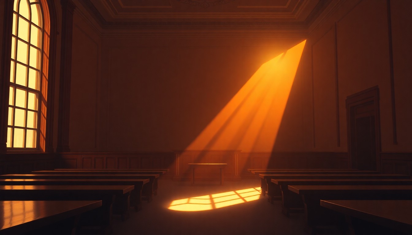 A dimly lit, cinematic painting of an empty city council chamber or government office, with warm sunlight streaming through the windows and deep shadows casting a contemplative mood, conceptually representing the importance of local government transparency.