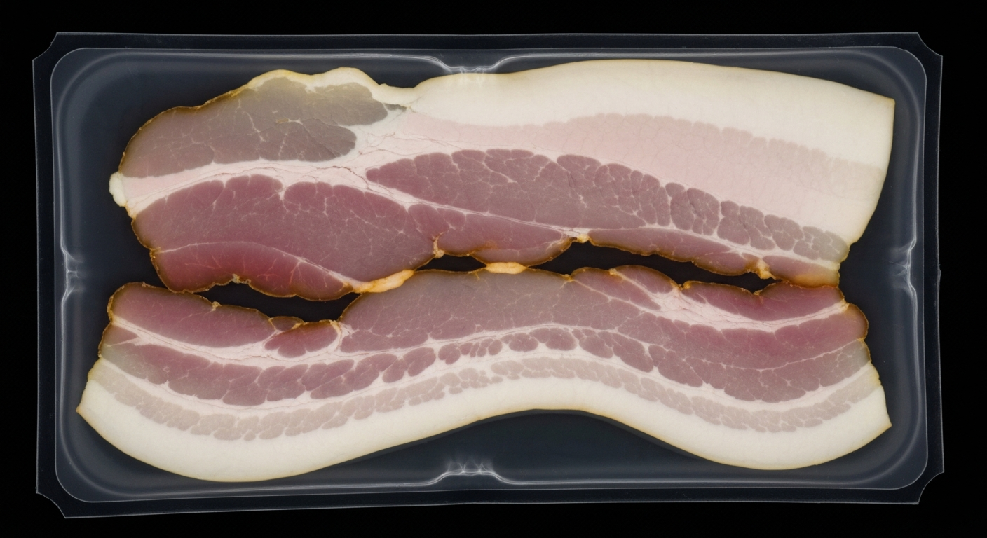 A ghostly, translucent X-ray image revealing the internal structure of a package of turkey bacon, conveying a sense of clinical urgency about the Listeria contamination risk.