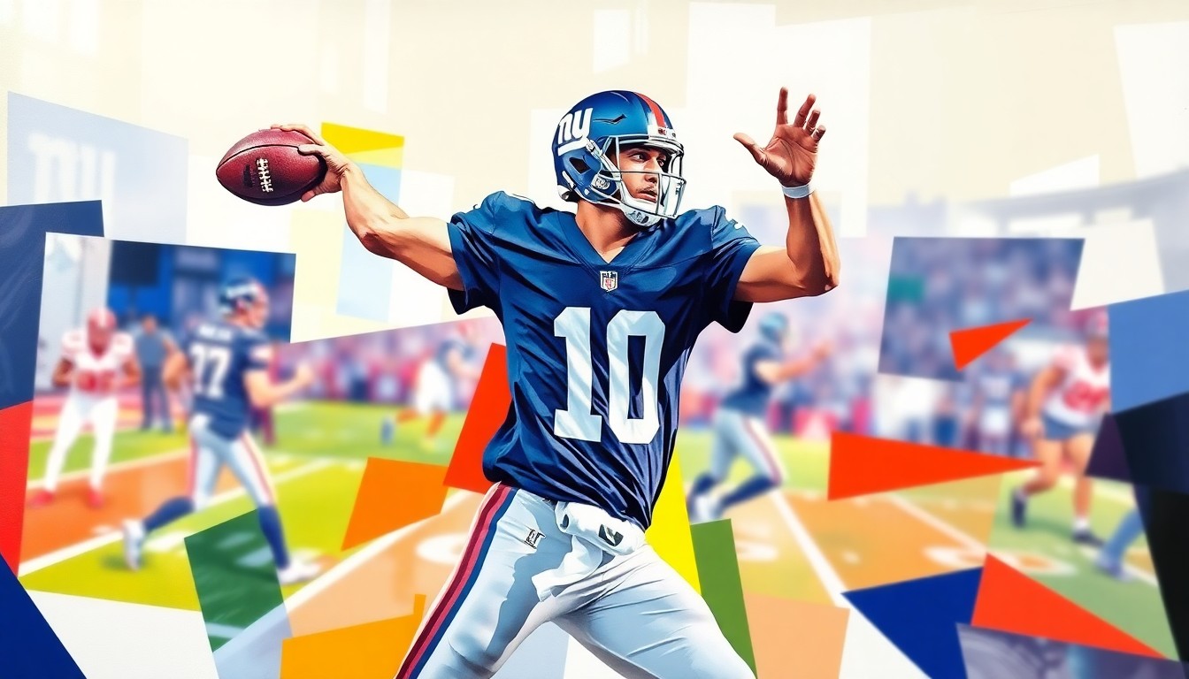 A cubist, geometric illustration depicting a football quarterback's throwing motion broken down into overlapping planes of blue, red, and white, representing the Giants' team colors.