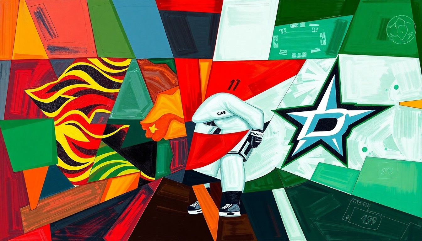 A cubist, geometric painting depicting a hockey game in motion, with the players and ice surface fragmented into overlapping planes of color representing the official palettes of the Calgary Flames and Dallas Stars.
