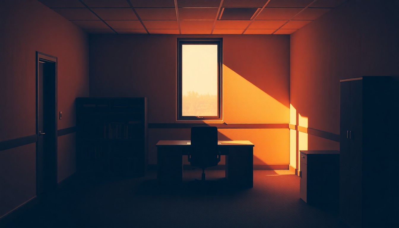 A dimly lit, cinematic office space with a lone desk and chair, the walls and floors cast in deep shadows and warm, angled light, conveying a sense of solitude and unease.