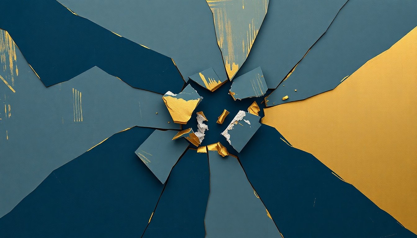 An abstract, fragmented painting in shades of blue, gray, and gold, conceptually representing the breakdown of government budgeting processes and accountability.