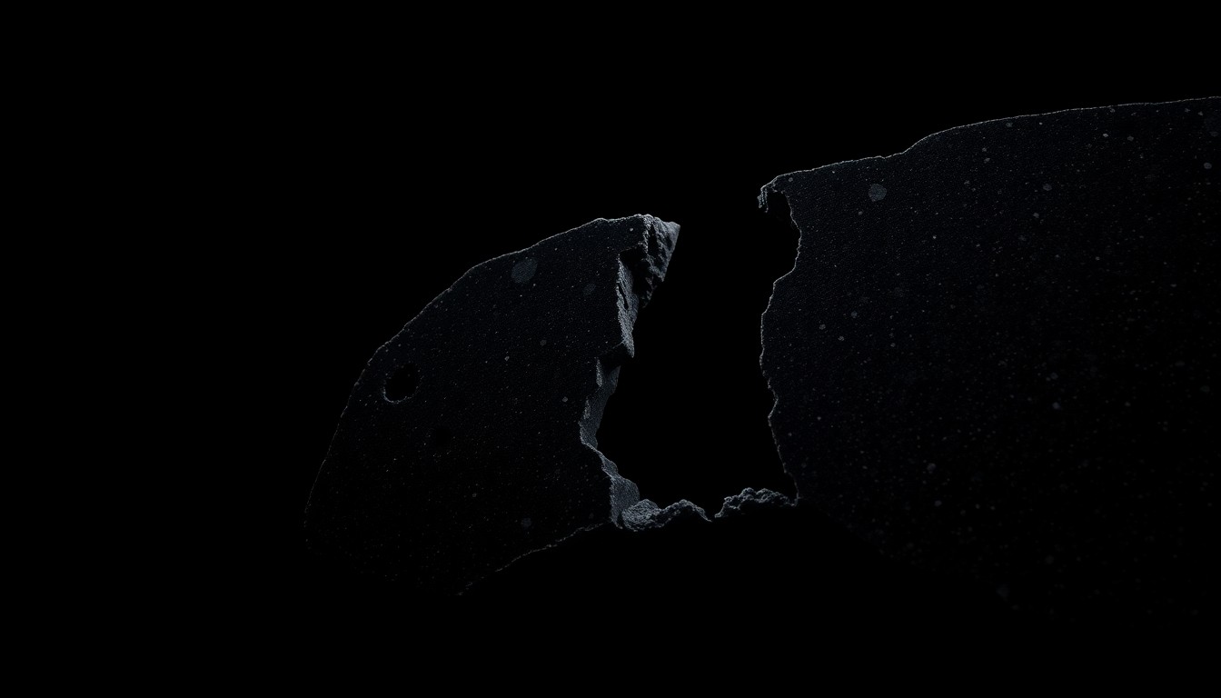 An extreme close-up photograph of a cracked and damaged granite gravestone fragment, capturing the texture and material details in dramatic lighting against a pitch-black background, conceptually representing the dangers of unstable cemetery monuments.