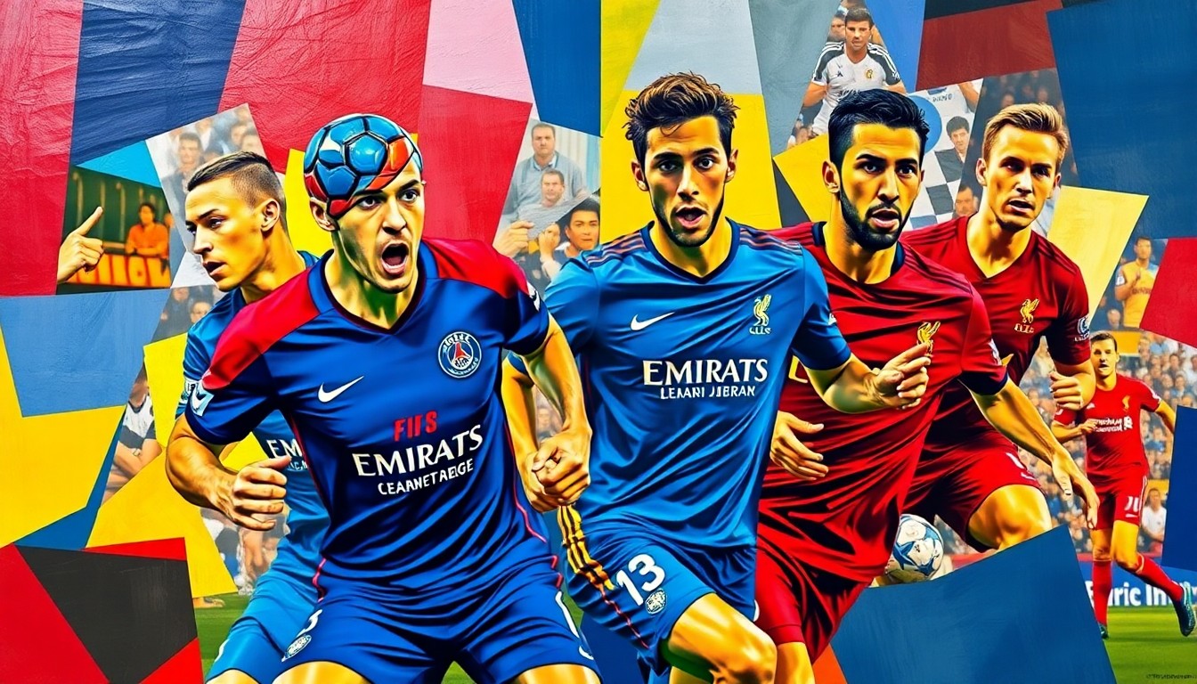 A fractured, cubist-style painting depicting the dynamic action of a Champions League soccer match between PSG and Liverpool, with the players' forms abstracted into sharp, overlapping geometric shapes in vibrant colors.