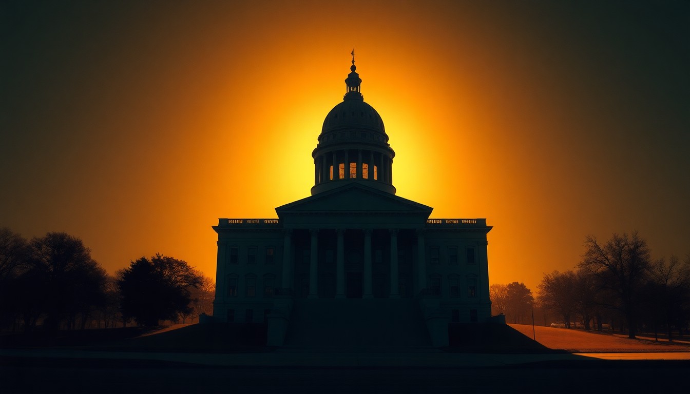 A serene, photorealistic painting of the Oklahoma State Capitol building, its grand architecture and imposing presence captured in warm, golden light and deep shadows, conveying a sense of quiet contemplation around the state's political and fiscal affairs.