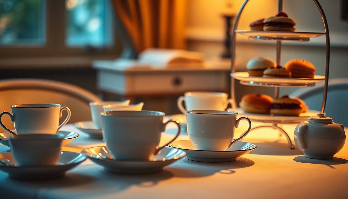 An out-of-focus photograph of a table set with fine china teacups, saucers, and a tiered serving stand holding delicate finger sandwiches and pastries, all bathed in warm, diffused light, conceptually representing the intimate and luxurious atmosphere of the new Le Faucheur Tearoom.