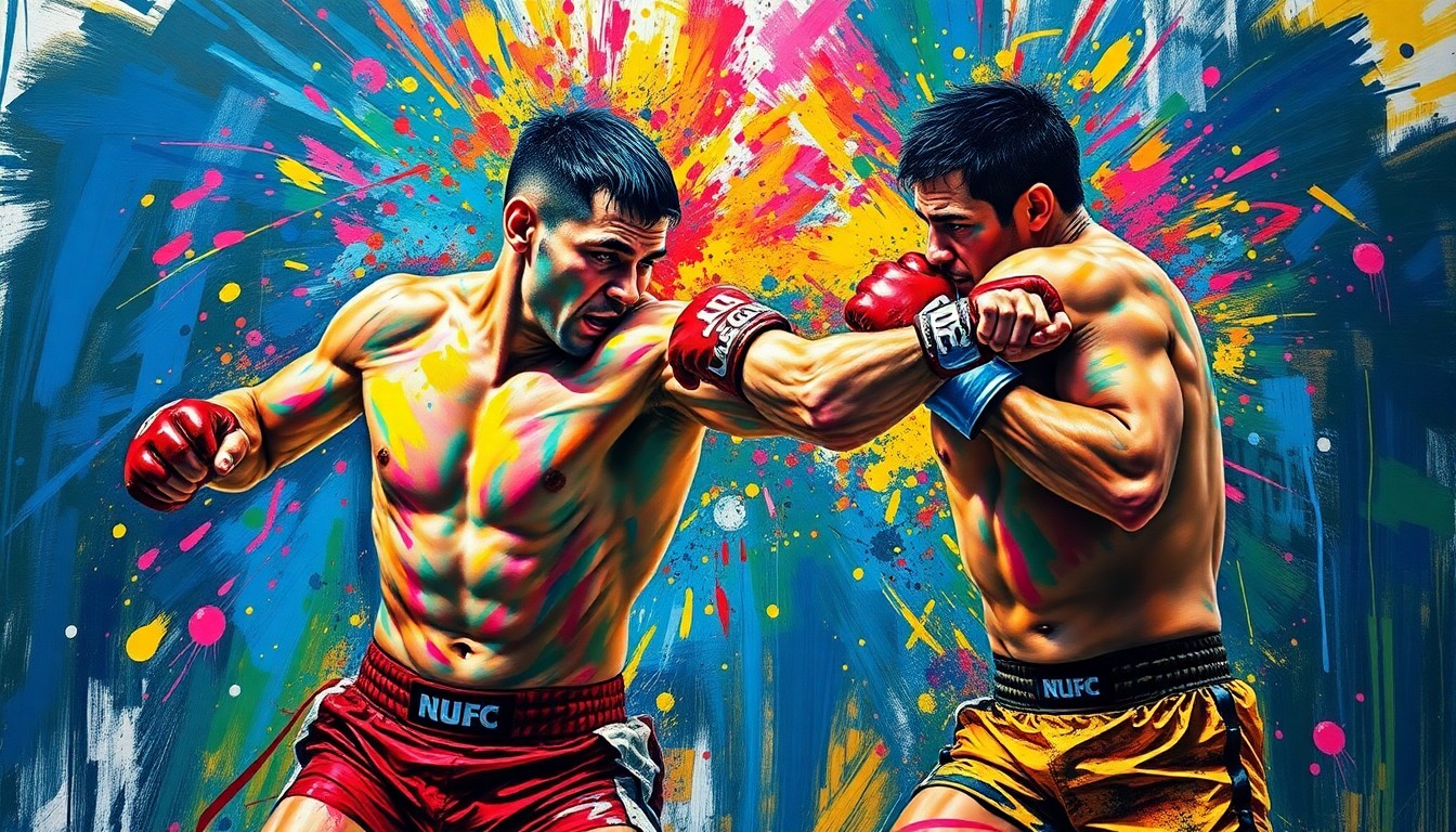 A dynamic, neon-colored expressionist painting depicting the intense physical movements and energy of two MMA fighters engaged in a light heavyweight bout, their identities obscured by the vibrant brushstrokes.