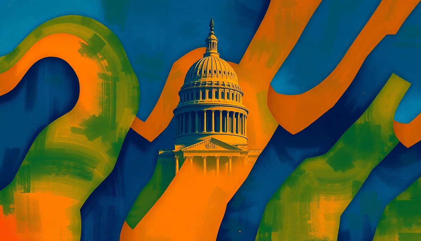 An abstract, fragmented painting featuring overlapping geometric shapes in shades of blue, green, and orange, conceptually representing the divisive political debate over closed primaries in Alabama.