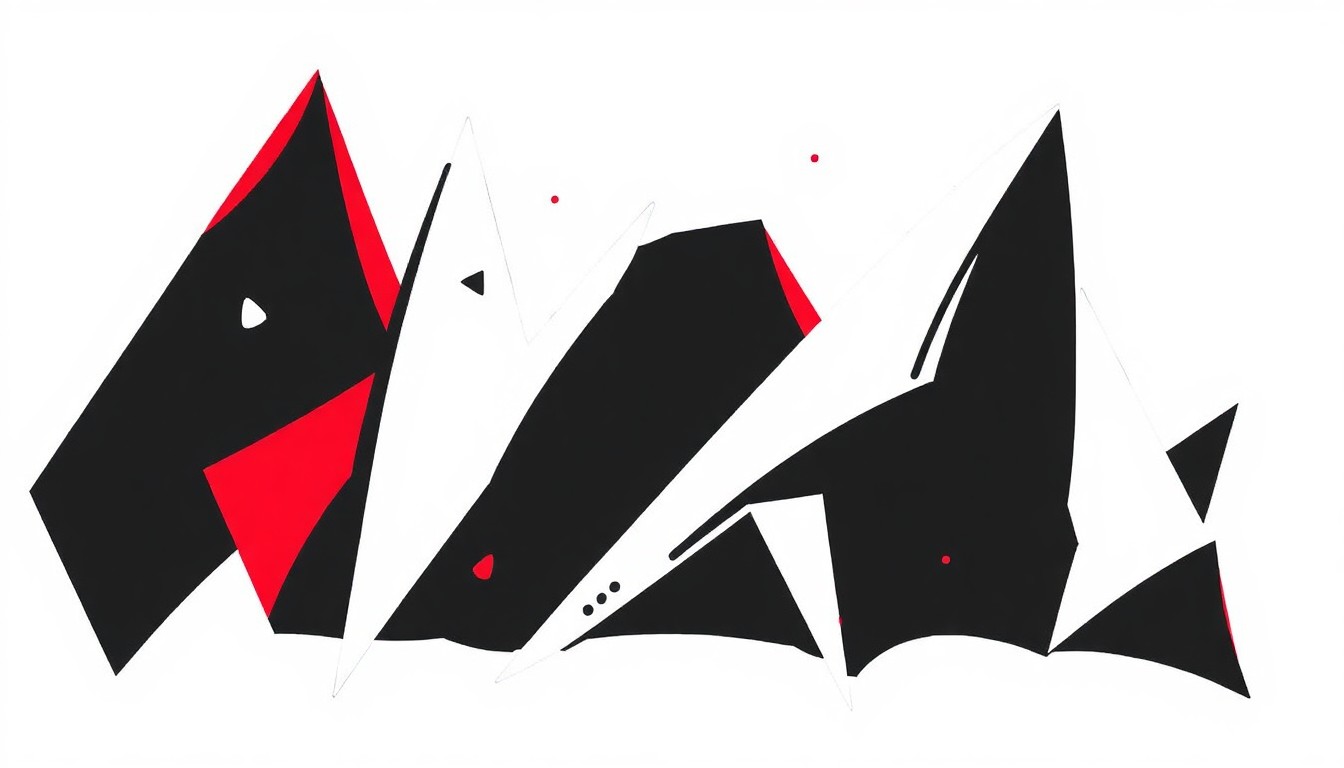 An abstract, minimalist illustration featuring stark, jagged shapes in black, white, and red, conceptually representing the eclectic mix of musical styles and artists performing at the Sound & Gravity festival.