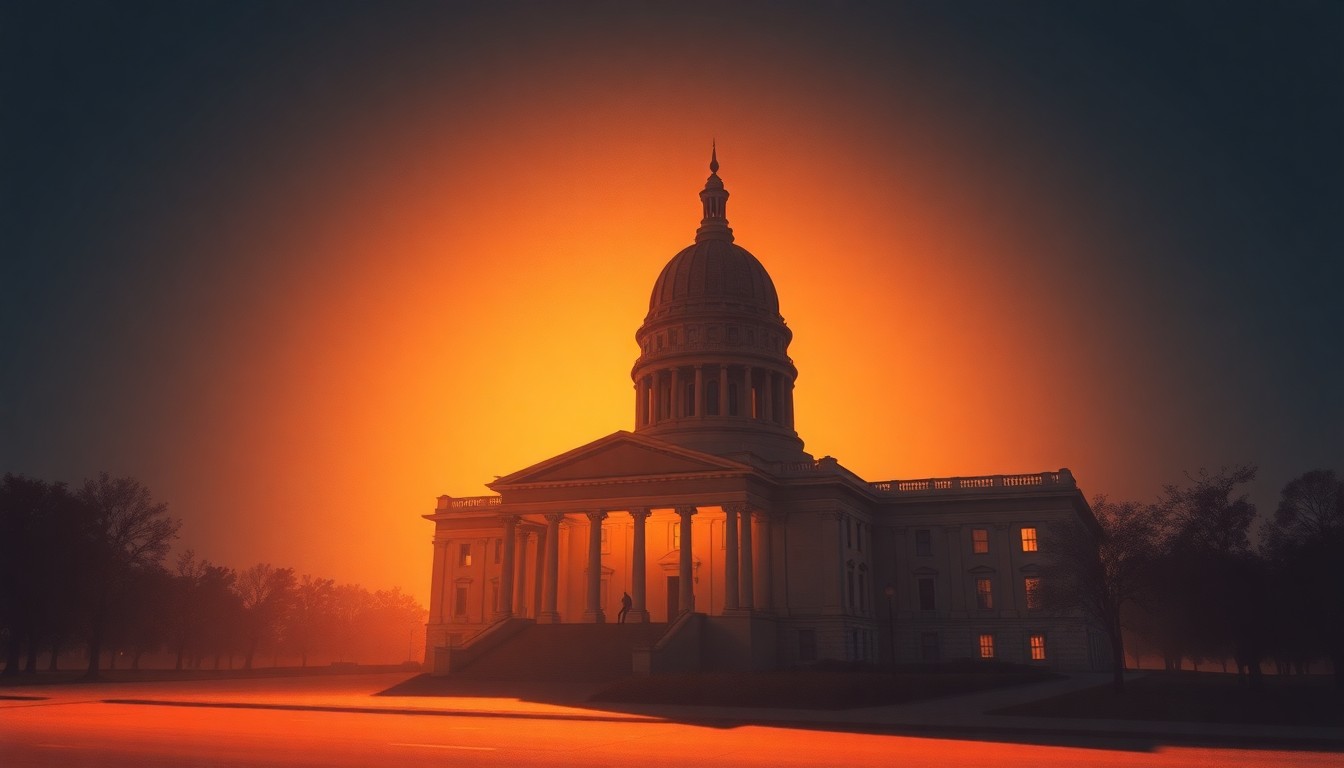 A serene, cinematic painting of the Arkansas State Capitol building in Little Rock, with the grand structure bathed in warm, golden sunlight and surrounded by deep shadows, capturing a sense of quiet contemplation as the legislature prepares to convene.