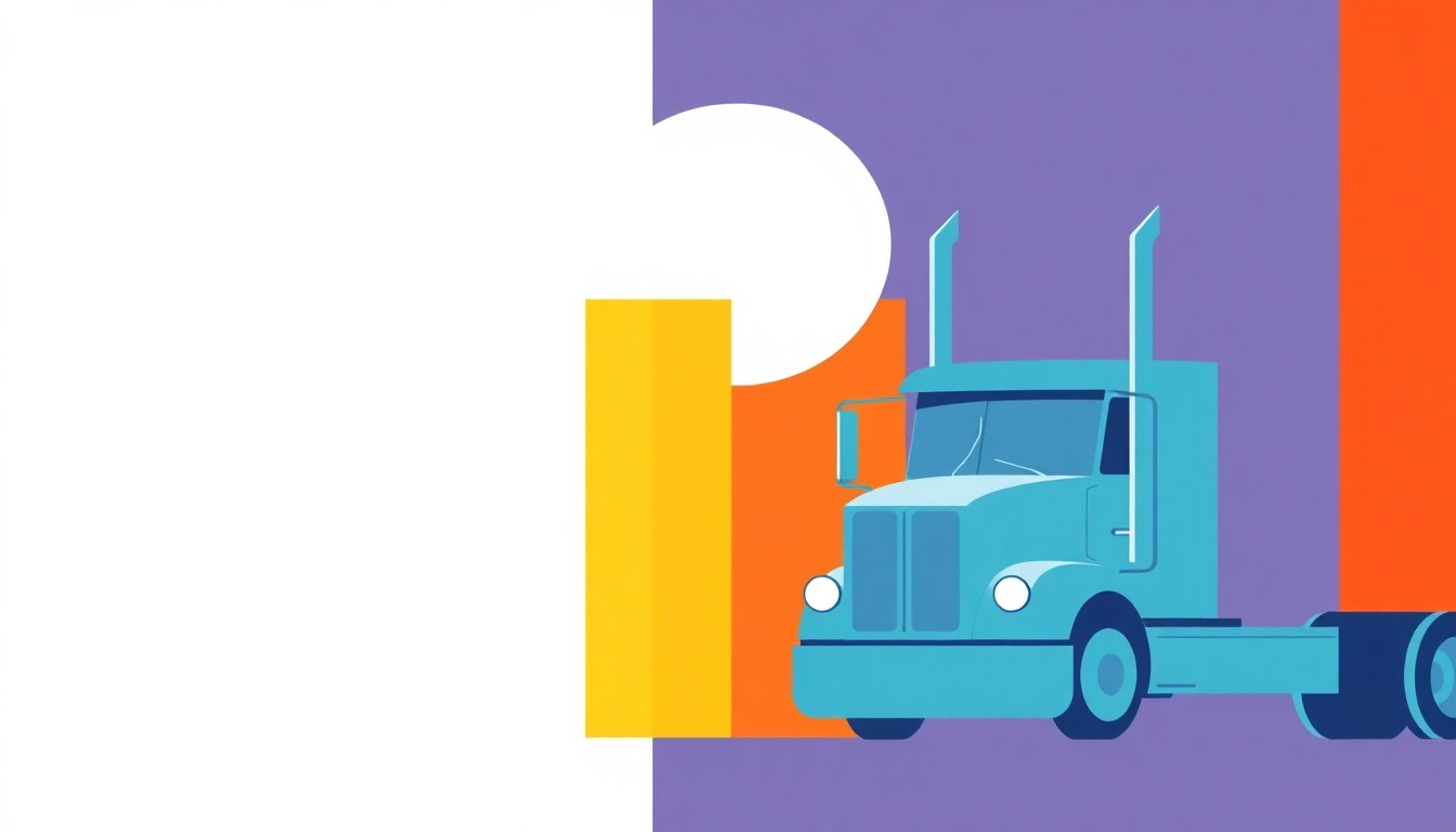 A minimalist illustration using bold geometric shapes and primary colors to represent the economic challenges faced by independent truckers due to skyrocketing diesel prices.