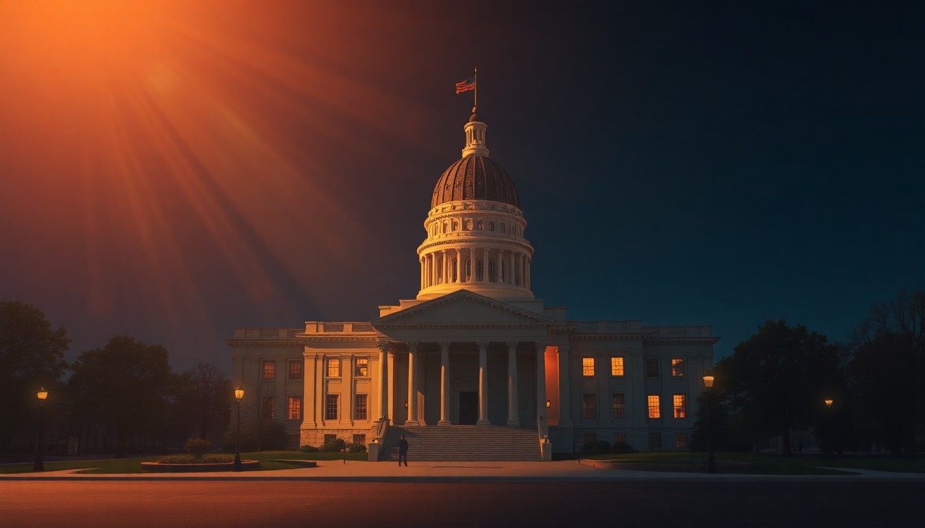 A serene, cinematic painting of a Georgia state government building or other political landmark, with the structure bathed in warm, diagonal sunlight and surrounded by deep shadows, creating a contemplative and nostalgic mood.
