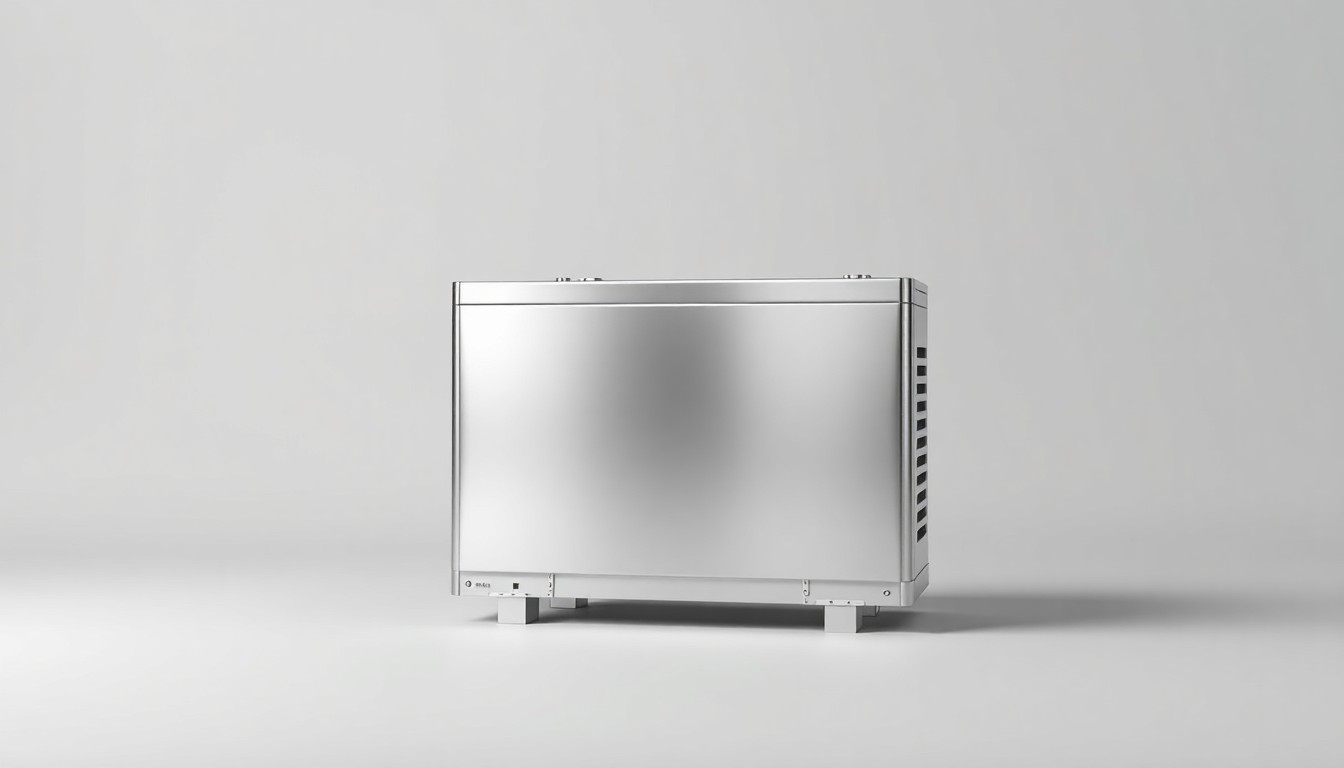 A high-end, photorealistic studio still-life photograph featuring a polished metal power generator or energy storage device, arranged elegantly on a clean, monochromatic background and dramatically lit to conceptually represent the abstract concepts of energy infrastructure and corporate strategy.