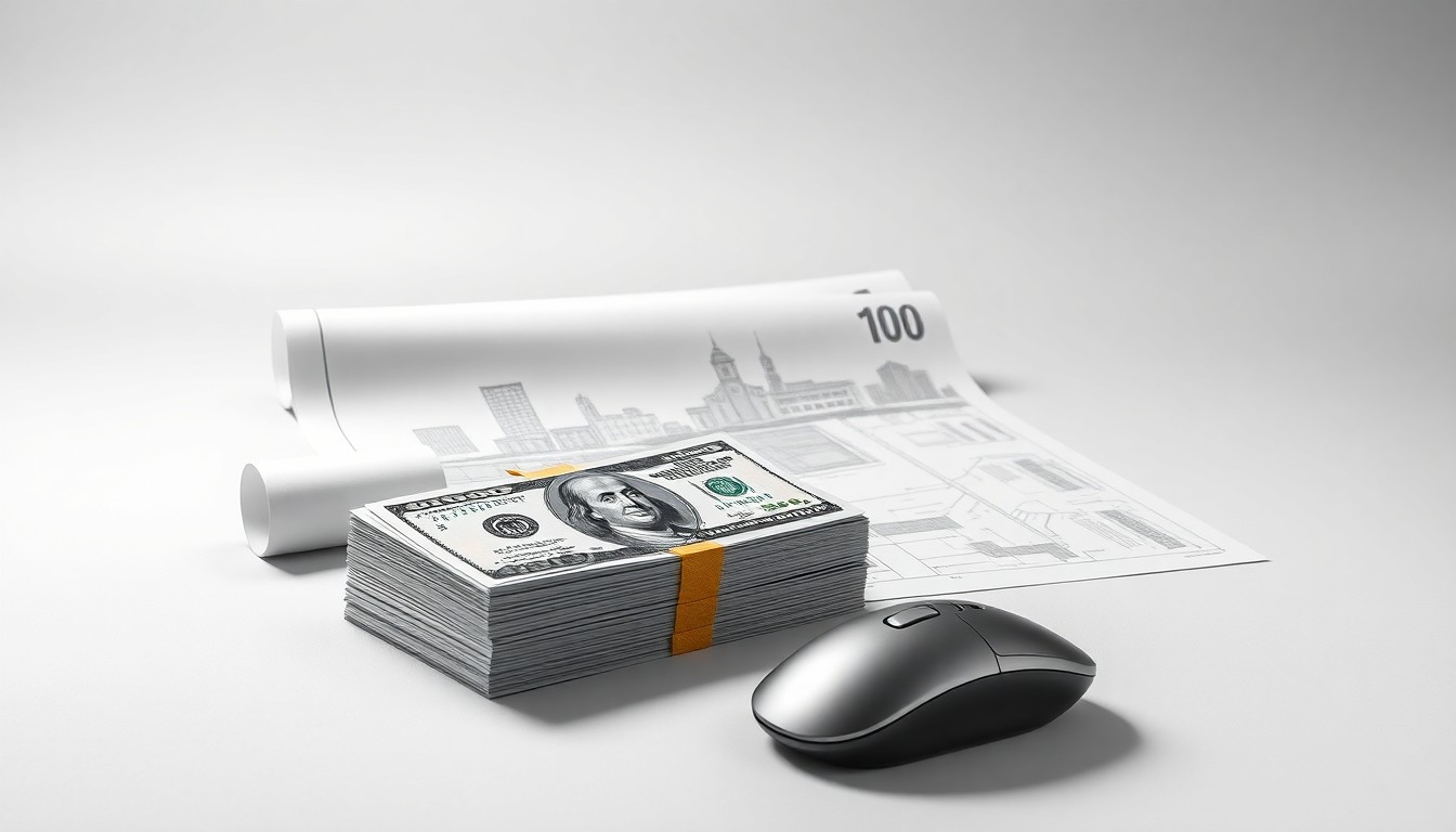 A high-end, photorealistic studio still-life photograph featuring a stack of crisp $100 bills, a set of architectural blueprints, and a sleek, modern computer mouse arranged elegantly on a clean, monochromatic seamless background, conceptually representing the key elements of the story - financial investment, community development, and technology-enabled workforce training.