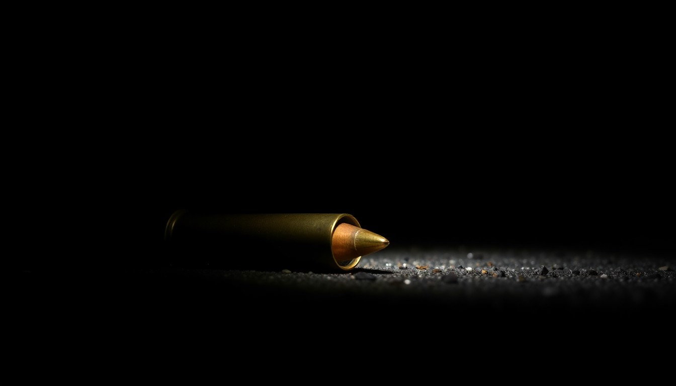 An extreme close-up photograph of a single spent shell casing lying on the ground, lit by a harsh, direct camera flash against a pitch-black background, conveying the stark, gritty aftermath of a violent crime scene.