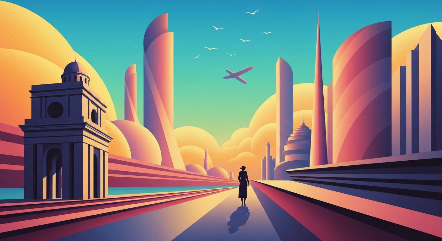 A sweeping, geometric illustration depicting the grand scale and sleek forms of Japanese architecture, conveying the sense of travel and luxury associated with the country's booming hotel industry.