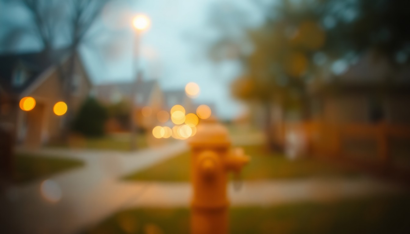 An abstract, impressionistic photograph showing the blurred outline of a fire hydrant in a residential setting, with soft, warm colors and a dreamlike, out-of-focus quality.