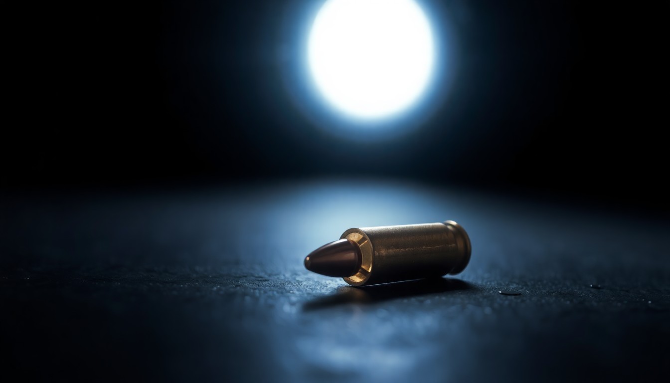 An extreme close-up of a spent bullet casing on a dark surface, lit by a harsh, direct camera flash, conceptually representing the investigation into a violent crime.