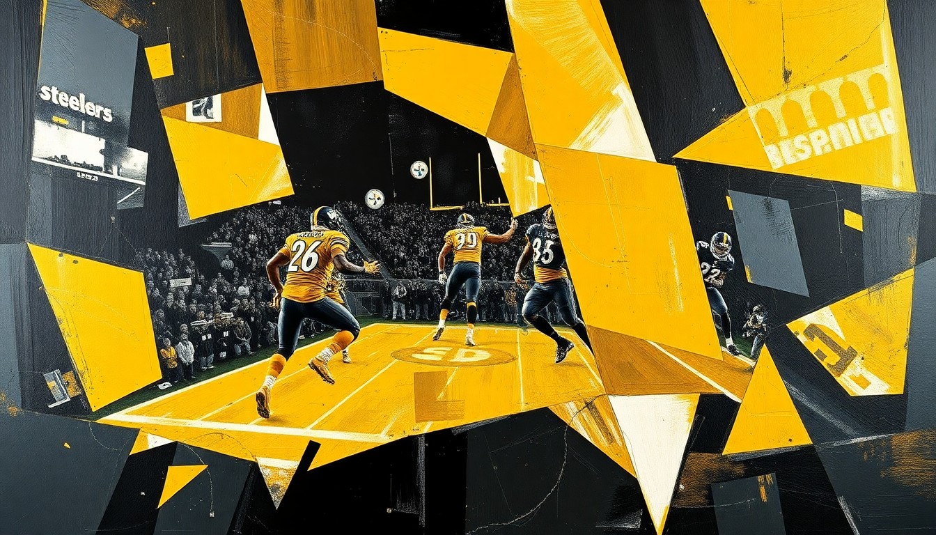 A cubist, geometric painting depicting a fragmented Steelers football game, with sharp planes of black, gold, and white overlapping to create a sense of motion and competition.