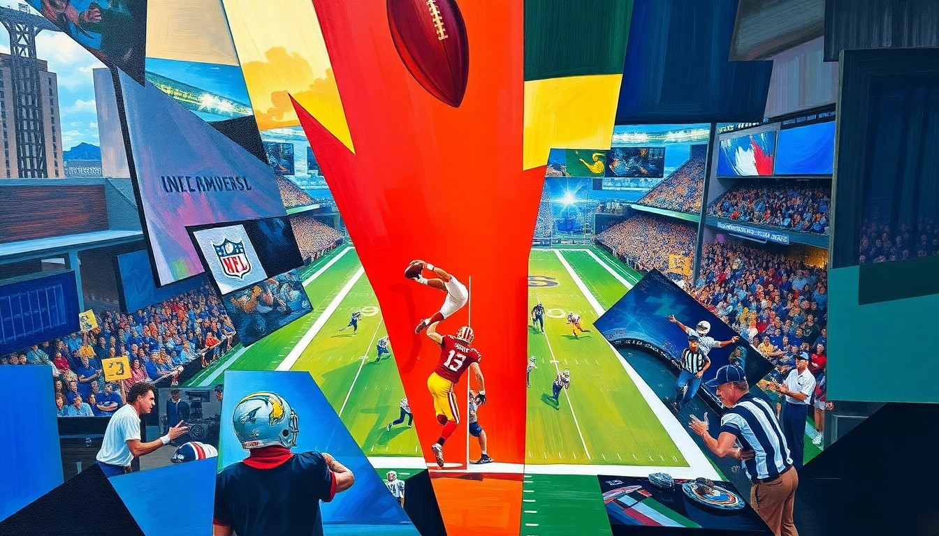 A cubist, geometric painting depicting fragmented football players and draft prospects, conveying the complex and multi-faceted nature of the NFL draft process.