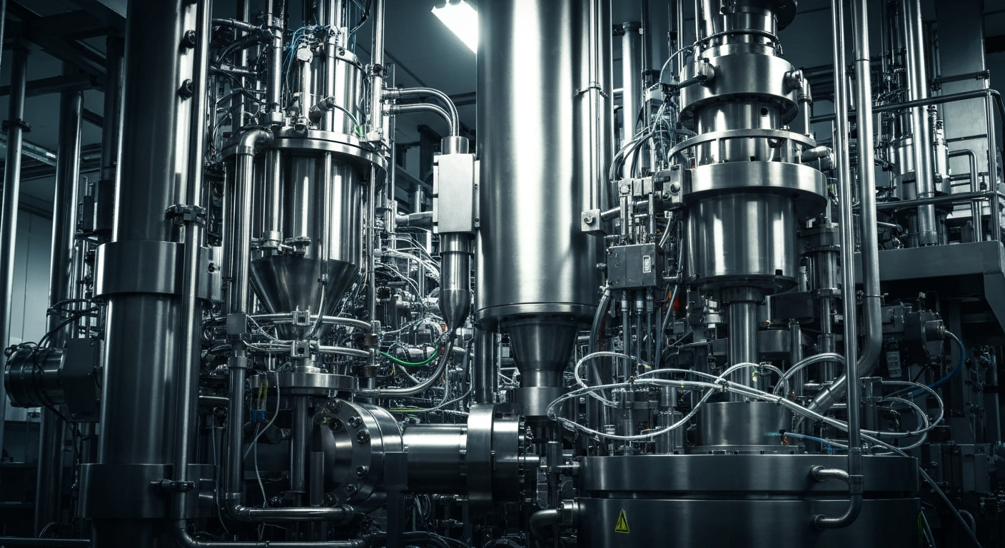 An extreme close-up of complex pharmaceutical manufacturing equipment and machinery, bathed in harsh industrial lighting, conceptually representing the technical challenges and regulatory scrutiny facing Atara Biotherapeutics.
