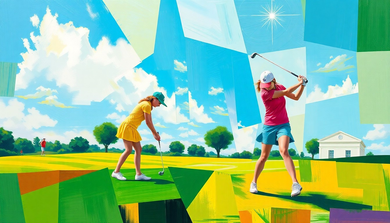 A fractured, cubist-style painting depicting the dynamic movements and competitive energy of a girls' golf match, with sharp geometric shapes in vibrant greens, blues, and yellows.