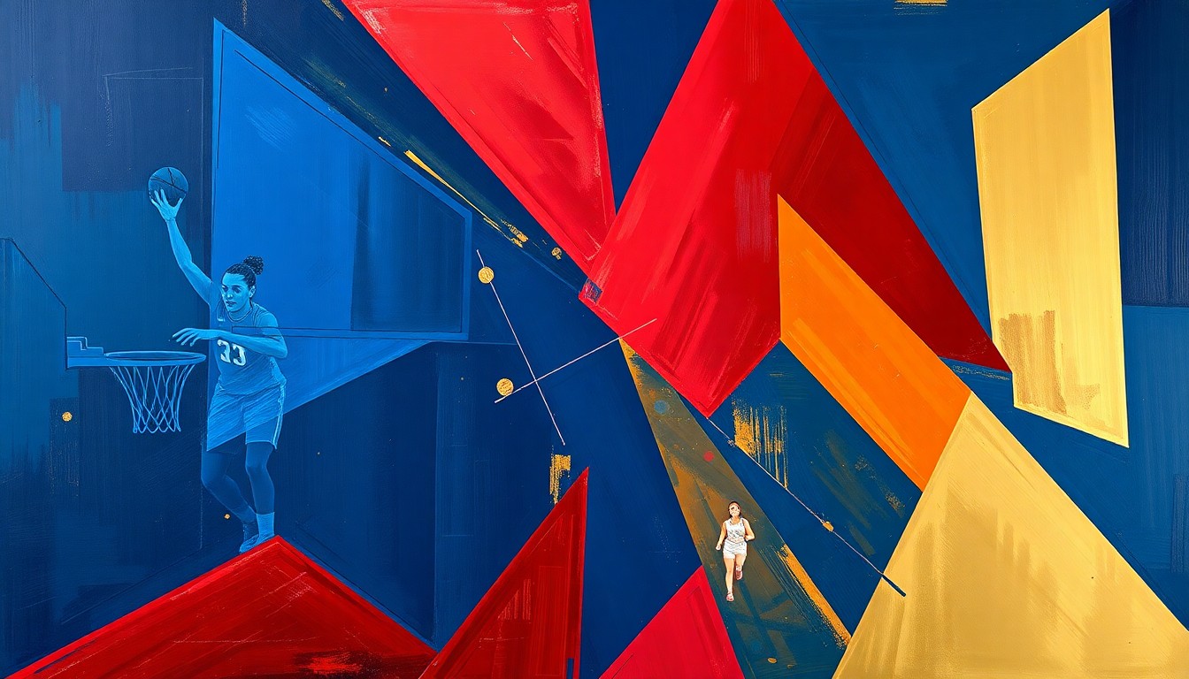 A cubist, geometric painting depicting a fragmented women's basketball game, with sharp, overlapping planes of navy, red, and gold, conveying the dynamic energy and potential of the UVA program under new leadership.