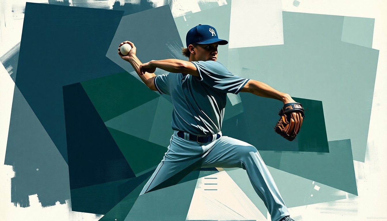 A fragmented, geometric painting depicting the overlapping planes and angles of a baseball pitcher's delivery, rendered in a muted color palette that evokes the sport's intensity.
