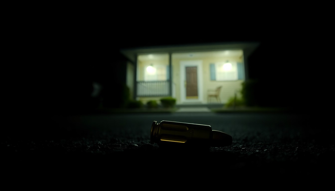 An extreme close-up photograph of a single bullet casing on the ground in front of a residential home, the harsh flash creating a stark, gritty, investigative aesthetic that conceptually illustrates the targeted attack on an elected official's property.